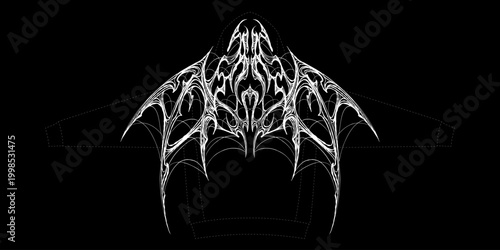 Abstract symmetric cyber-sigilism vector art. Gothic tribal ornament with sharp lines and bat wing elements. Dark aesthetic y2k tattoo design isolated on black background.