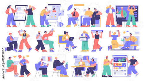 Diverse group of happy people collaborating and working together in an office setting Vector