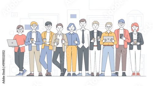 Diverse group of happy people standing together in a colorful line Vector