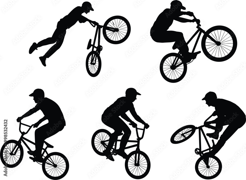 Obraz premium Extreme cycling silhouettes showcasing BMX tricks wheelies jumps and urban sport performance