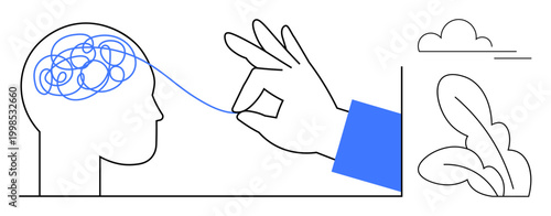 Mental health, mindfulness, self-improvement, problem solving, relaxation, cognitive therapy. A hand untangles chaos in the brain with natural elements. Mental health and mindfulness