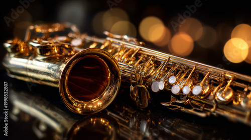 Golden reflections on polished saxophone under amber lights. 