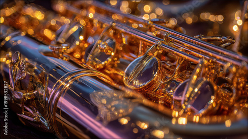 Golden reflections on polished saxophone under amber lights. 