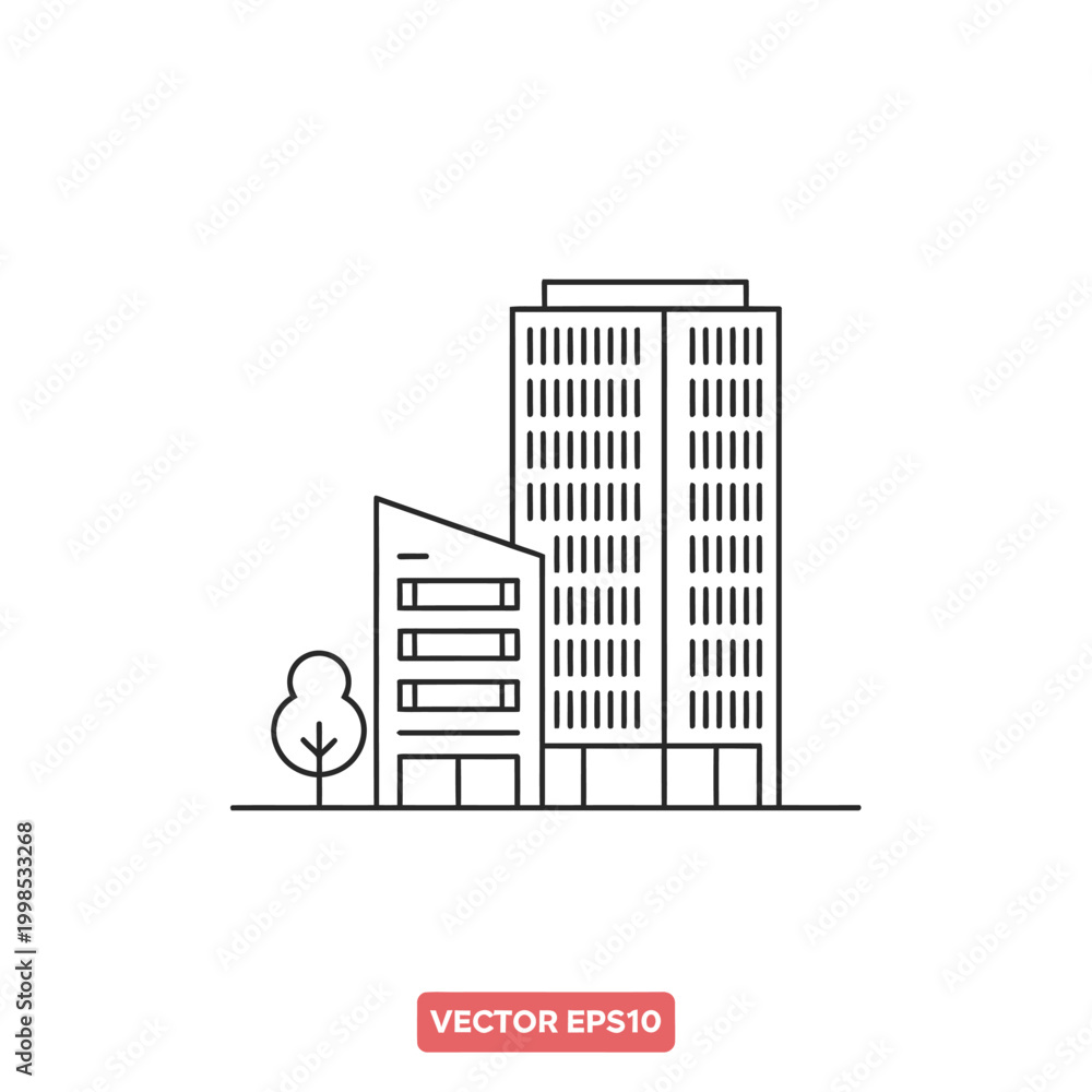 Obraz premium Line drawing of a city building with a tree