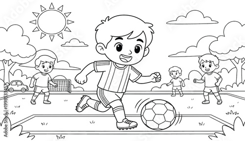 kids playing soccer or football outdoors coloring page for children vector illustration