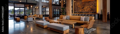 Spacious modern lobby with warm wood accents.