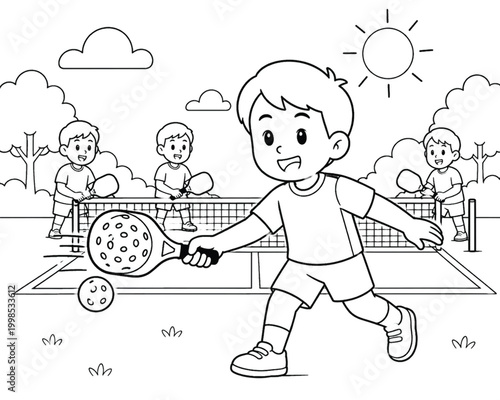 children enjoying padel or tennis game outdoors coloring book page vector illustration