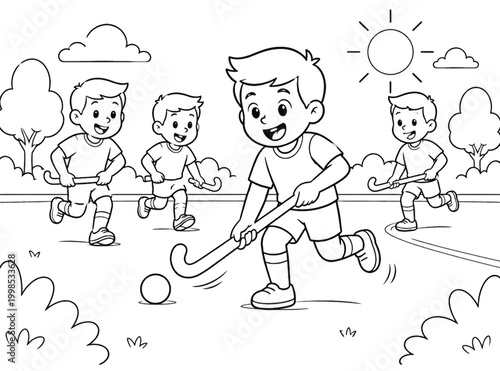 kids playing field hockey outdoors coloring page vector illustration for children