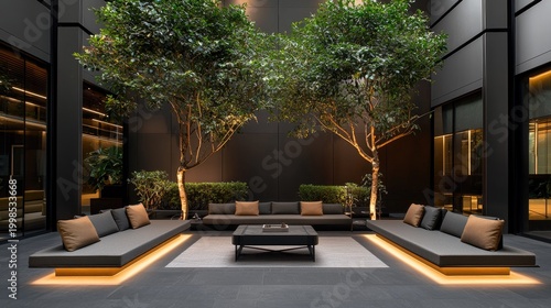 Modern courtyard setting with lounge furniture and trees.