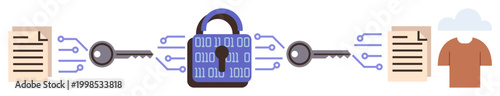 Digital security, data encryption, cybersecurity, file safety, cloud storage, data transfer. A binary padlock, keys and documents. Data encryption and cybersecurity highlighted