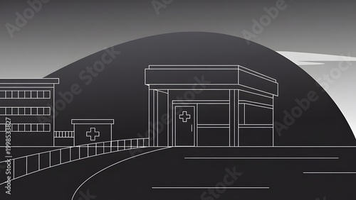 Monochromatic line art of a hospital entrance and buildings on a hillside.