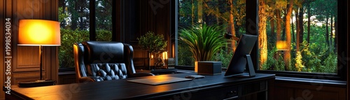 A dark, elegant home office with a forest view.