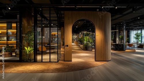 Modern,  stylish interior design of a contemporary business space.