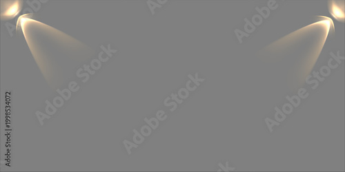 Abstract soft spotlight background with two warm light beams shining from the top corners. Minimalist grey backdrop with stage lighting effect for product display, awards, and elegant event design.