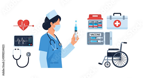 Medical professional with vaccine syringe, surrounded by essential healthcare tools and supplies, symbolizing public health, patient care, and disease prevention