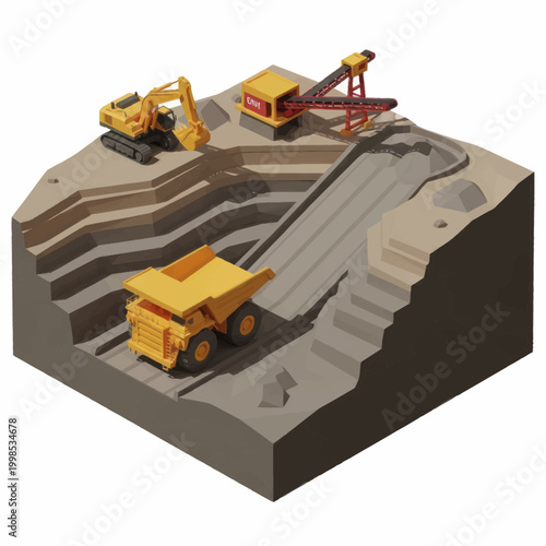 Mining operation with heavy machinery in an open pit mine.