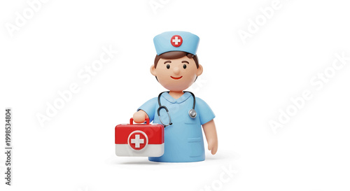 Friendly cartoon nurse with medical kit and stethoscope on white background, concept of healthcare and medical assistance
