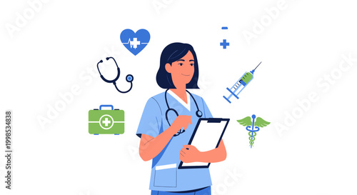 Dedicated female medical professional confidently manages patient care, surrounded by essential healthcare tools and symbols, embodying modern medical support and services in a clean, flat design