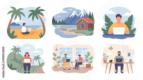 Colorful cartoon people enjoying tropical beach vacation with palm trees and activities Vector