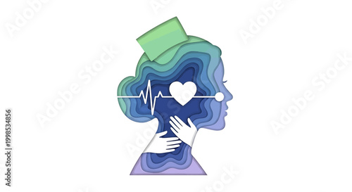 A nurse's silhouette filled with layers representing care, a heartbeat, and helping hands, symbolizing compassionate medical service and well-being