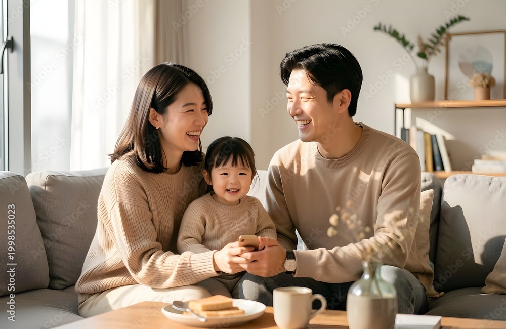 Fototapeta premium Authentic candid moment lifestyle of a young asian family at home, warm natural lighting in a modern minimalist house