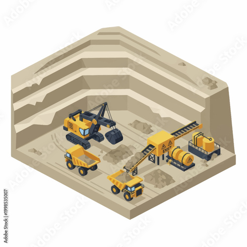 Open Pit Mine With Heavy Machinery And Trucks.
