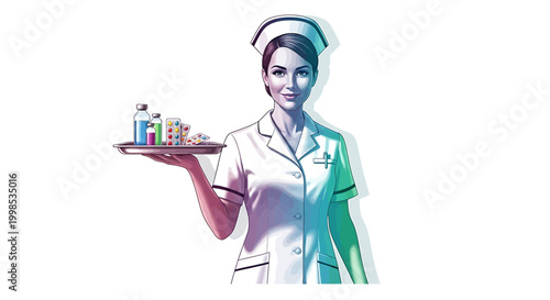 A smiling female nurse in uniform holds a tray with various medications, symbolizing healthcare and pharmaceutical services
