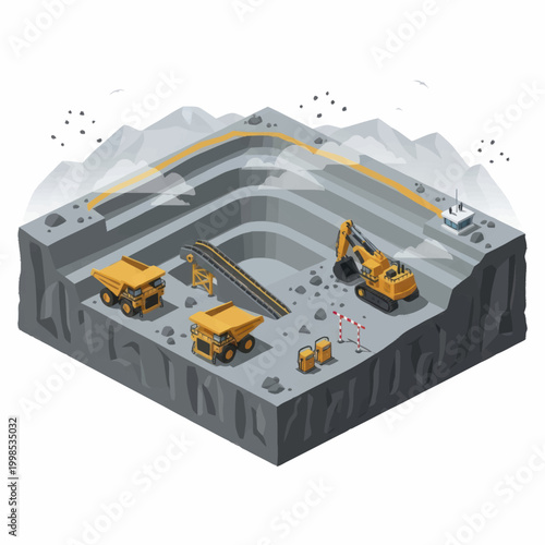 Open Pit Mine With Heavy Machinery And Trucks.