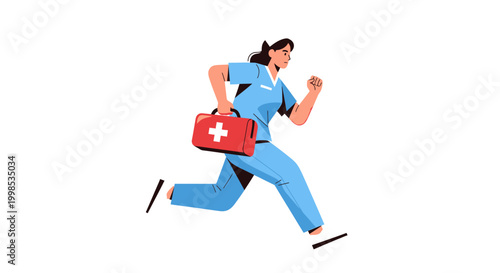Dynamic illustration of a determined female healthcare professional swiftly running with a red first aid kit, ready to provide urgent medical assistance in an emergency