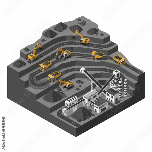 Open pit mine with heavy machinery and processing plant isometric view.