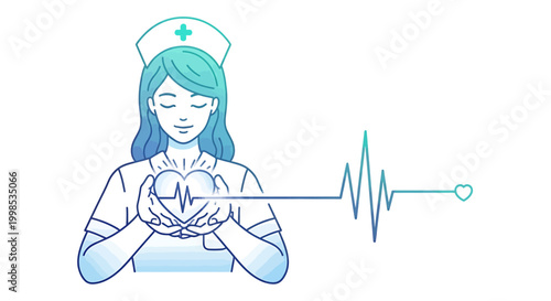 Healthcare professional holding a heart with a heartbeat line connecting to a monitor, representing medical care and health