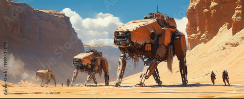 Ancient robot mechs walking in desert landscape with cliffs