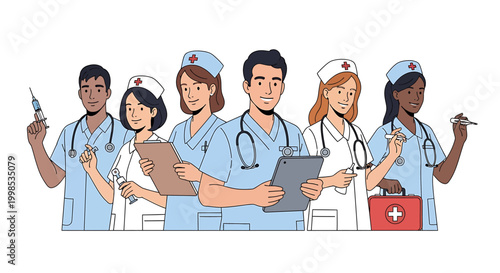 Group of diverse healthcare professionals, including doctors and nurses, standing together with medical equipment, representing teamwork and care in the medical field