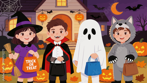 Children in Halloween costumes outside house