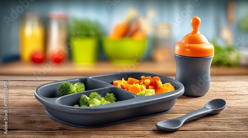 Silicone Spoon and Divided Baby Feeding Utensils with Colorful Vegetables