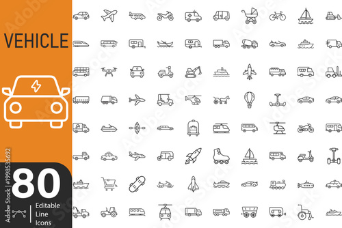 Vehicle In Modern Editable Thin Stroke Line Style Icons set Collection Of Transport Related Icons Taxi, Train, Helicopter, Bus, Ship, Plane, Tram And More Isolated On Transparent Background