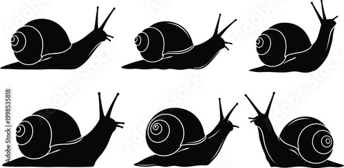 A collection of black snail silhouettes, featuring detailed spiral shells and prominent eyestalks, illustrating slow movement.