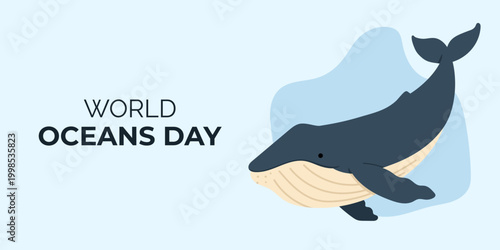 Blue whale ocean banner for World Oceans Day, minimal flat marine design with calm colors, World Oceans Day concept for environment protection and awareness