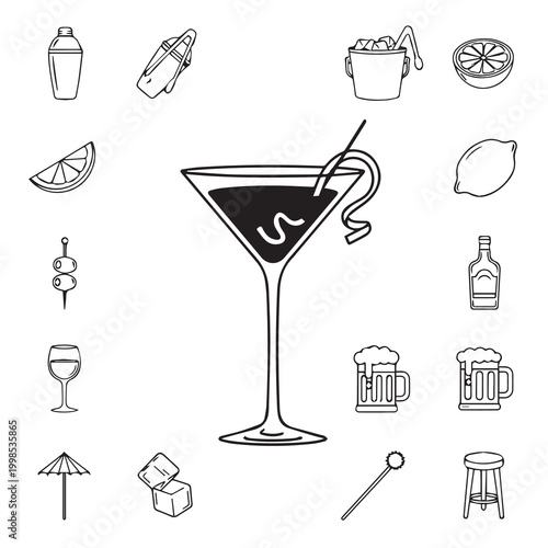 Cocktail glass with garnishes and bar tools in a minimalist line art style for beverage promotion