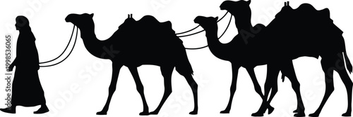 Silhouette of a nomad leading a caravan of camels through a journey across the arid desert