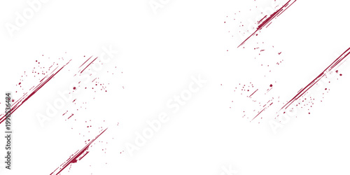 An artistic grunge texture featuring a red ink splat and liquid paint splashes over a white backdrop with blood-like splatter patterns and vector spray stains for a dirty paper design