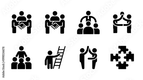 Set of diverse people icons showing teamwork, meeting, and collaboration activities Vector