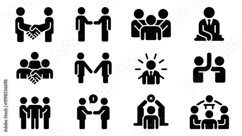 Set of diverse people icons engaging in teamwork and communication activities Vector