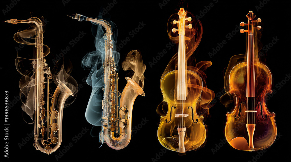 Naklejka premium Jazz instruments made of liquid light merging into each other. -