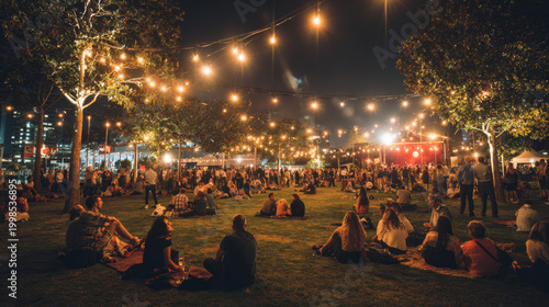 Jazz festival scene with people relaxing on grass under lights. 