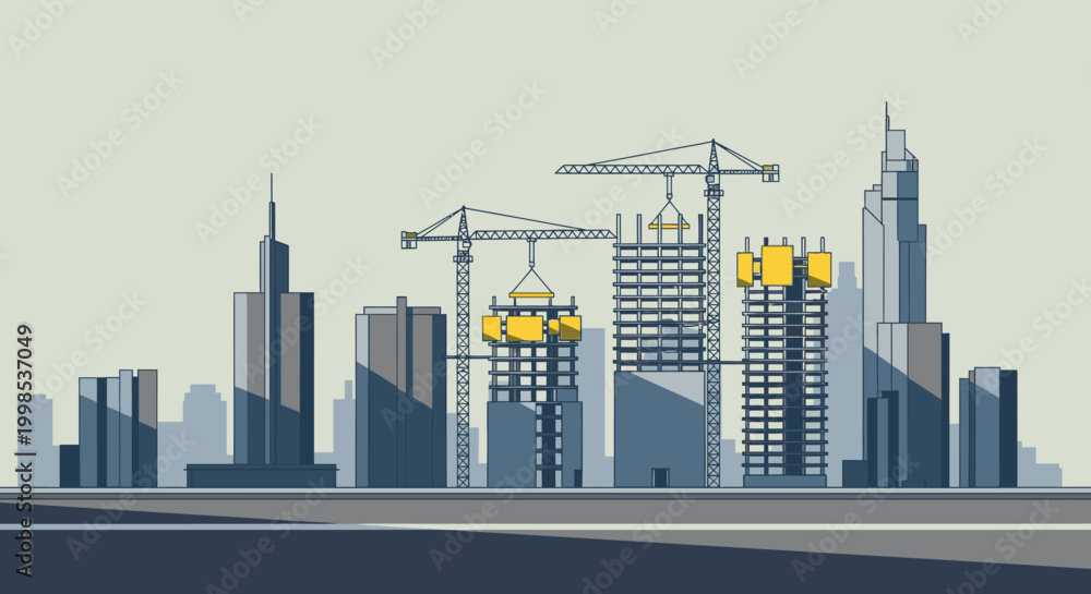 Obraz premium City skyline with skyscrapers and cranes.