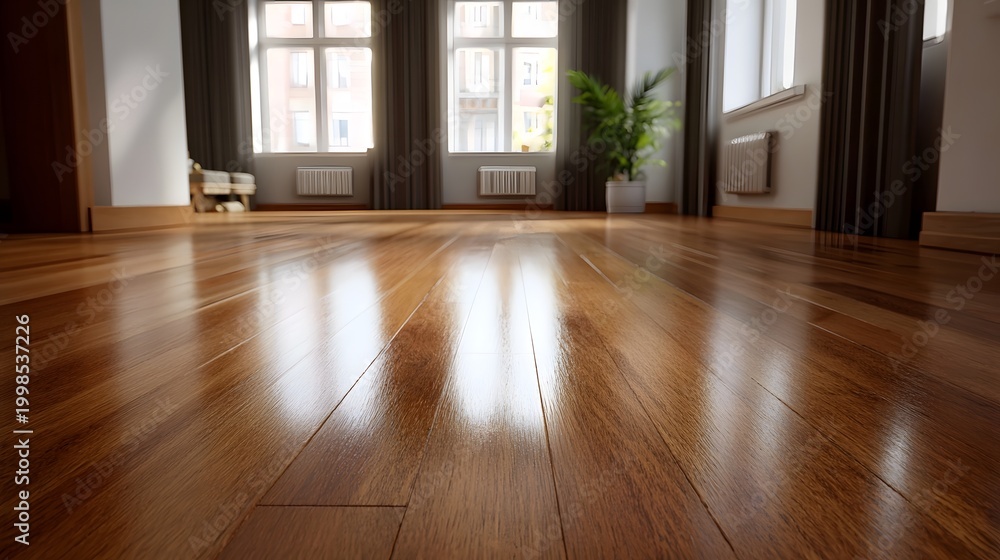 Fototapeta premium A bright glossy hardwood floor illuminated by natural sunlight within a spacious modern interior room
