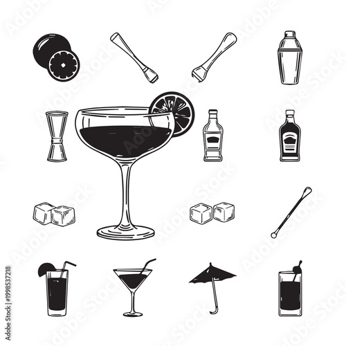 Cocktail Bar Tools and Drinks Graphic Elements on White Background