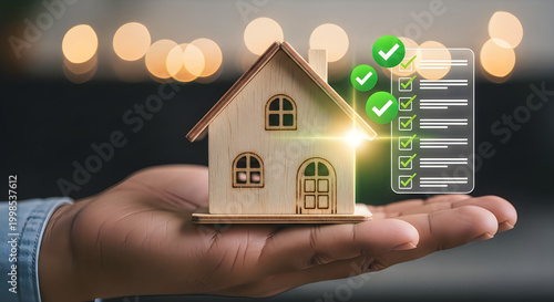 A hand holding a small house model with a digital checklist showing green check marks representing property inspection and real estate approval
