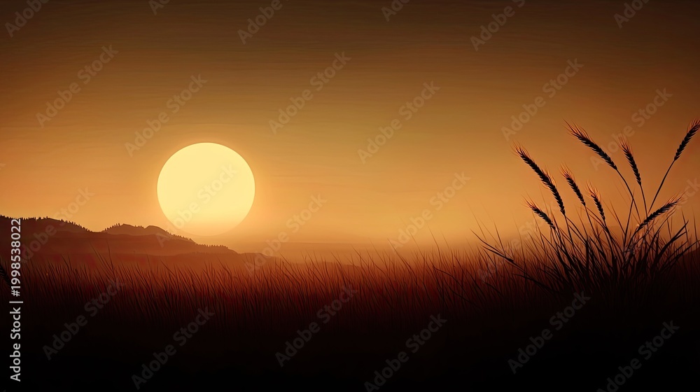 Fototapeta premium Large golden sun descends behind layered hills over a dark grassy foreground